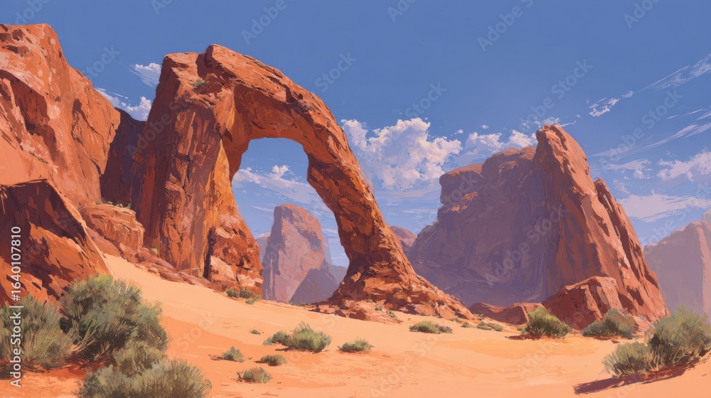 Aufkleber a desert landscape with a large archway in the middle of it. the archway is surrounded by rocks and 