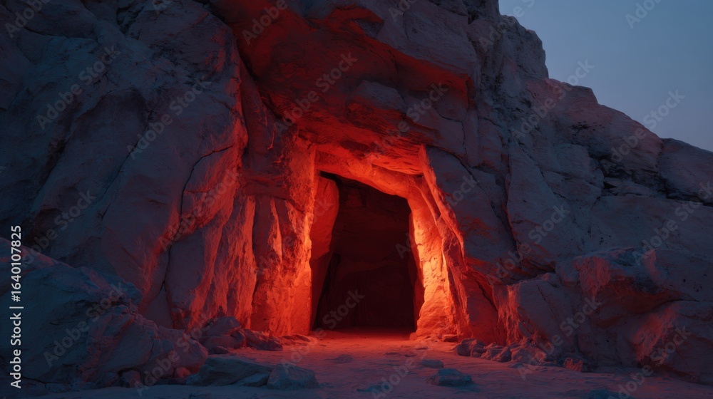 Poster a cave entrance is lit up with red light. the cave is dark and the light is the only source of illum