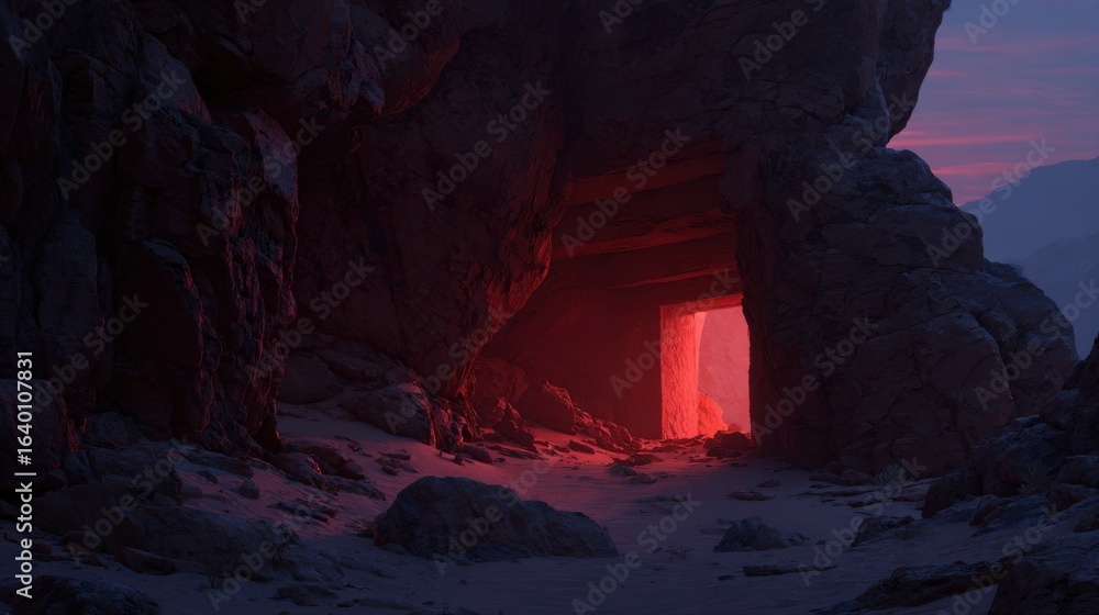 Poster a cave with a red light shining through it. the cave is dark and the light is the only source of ill