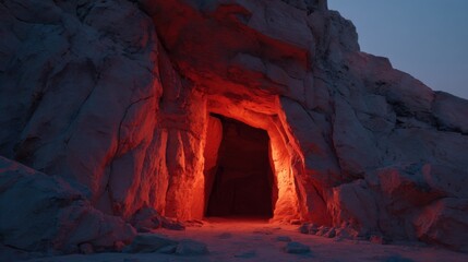 A cave entrance is lit up with red light. The cave is dark and the light is the only source of illumination