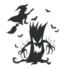 Halloween spooky tree and witch silhouettes. Creepy tree silhouette with flying witch flat vector illustration. Horror halloween tree silhouette