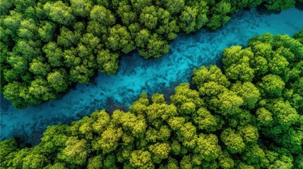 Naklejka premium A lush green forest with a blue river running through it. The trees are tall and dense, creating a serene and peaceful atmosphere. The blue water adds a calming effect to the scene