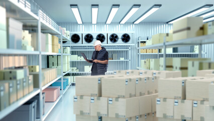 Male worker with laptop checks inventory in climate-controlled cold storage room filled with boxes and shelves. Refrigerated Storage. Logistics. Cold Chain. Inventory Management.