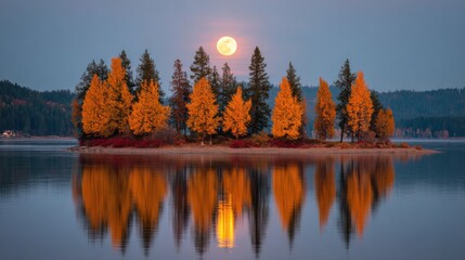 Obraz premium A small island with a lake and a full moon in the sky. The moon is reflecting on the water, creating a serene and peaceful atmosphere