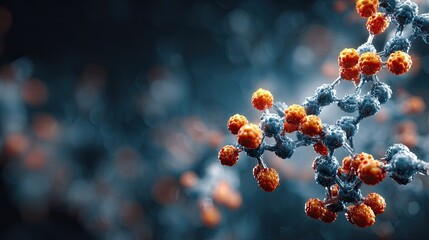 Captivating molecular structure with vibrant orange and cool blue atoms, symbolizing scientific innovation and complex biological processes, perfect for medical research and technology advancements.