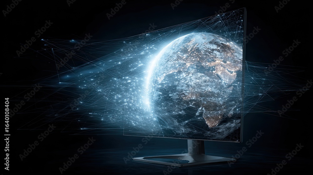Poster stunning digital display showcases glowing earth with interconnected data streams, symbolizing globa