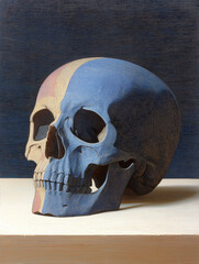 An artistic skull, painted in two halves with blue and pastel colors, placed against a deep blue background, creating a striking visual contrast