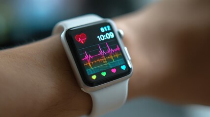 A smart watch with a heart on the screen and the time of 10:09. The watch is showing a heart rate and a pulse