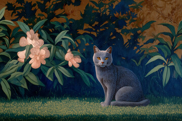 A serene scene of a grey cat gracefully posing amidst greenery and flowers