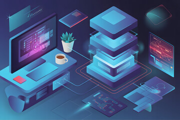 A futuristic isometric illustration of a digital network concept
