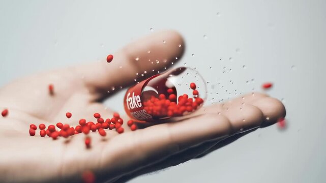 A hand holding a red pill that says Fake News. Concept of skepticism and mistrust towards the news media