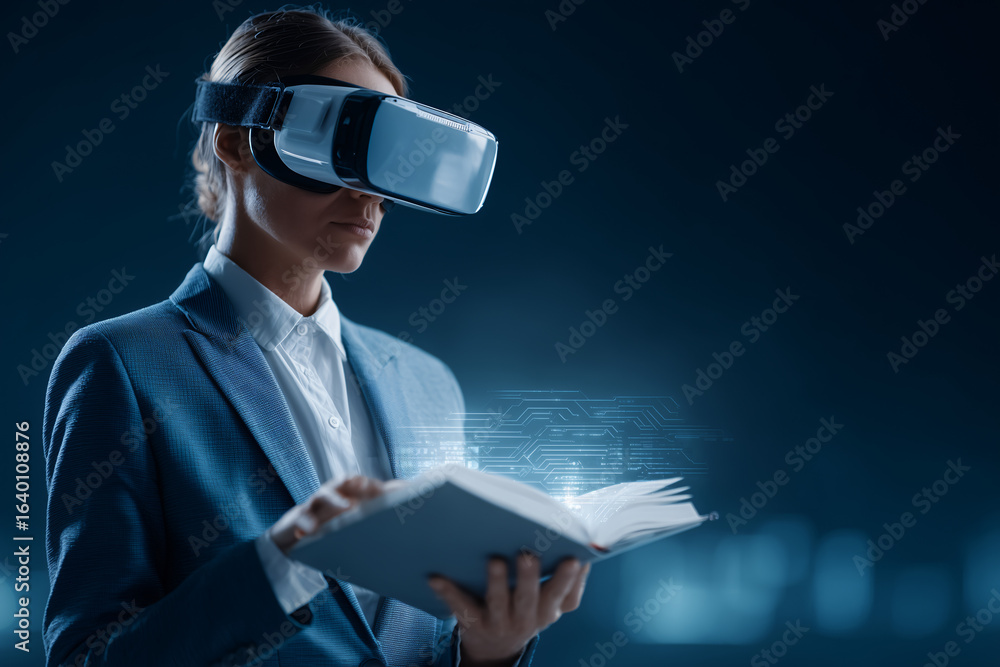 Poster a woman in professional attire explores a virtual book world. the vr headset and the floating digita
