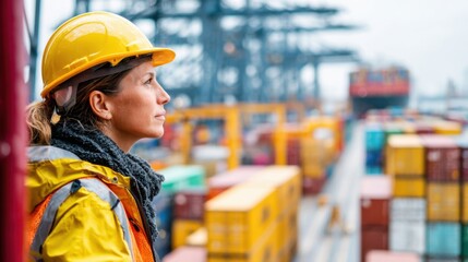 A woman in a yellow jacket and a hard hat stands on a platform overlooking a large container yard