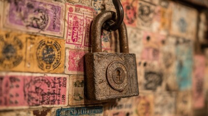 A lock is hanging from a wall with many different colored stamps on it. The lock is rusty and the stamps are colorful