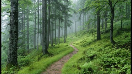 Obraz premium A forest path is shown in the rain. The trees are lush and green, and the path is muddy. Scene is peaceful and serene, as the rain creates a calming atmosphere
