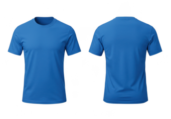 Two blue t shirts front and back view isolated on transparent background