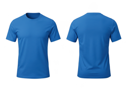 Two blue t shirts front and back view isolated on transparent background