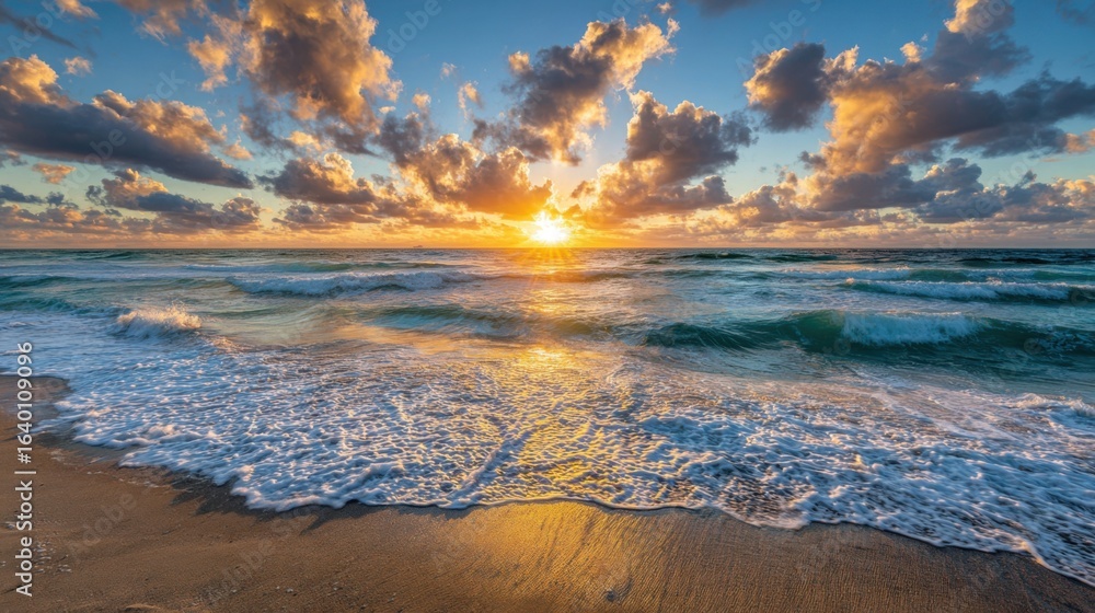 Poster the ocean is calm and the sun is setting, creating a beautiful and serene atmosphere. the waves are 