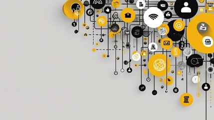 Dynamic network of communication icons and global connections visualizing digital data flow and technology integration for modern business solutions