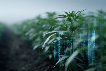 Cannabis plant growing in a field, with digital data overlay symbolizing the future