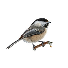 A beautiful great tit, a small songbird with a yellow and blue feather, is perched on a branch, isolated on a white background