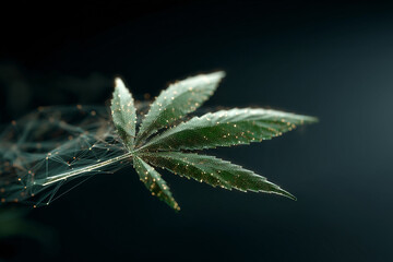 A detailed shot of a cannabis leaf with an abstract network of connected points, showcasing the plant's intricate structure
