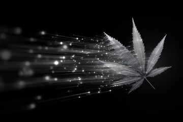 A stylized cannabis leaf with a trail of light emanating from it, suggesting energy or movement. The image is presented in a monochromatic palette