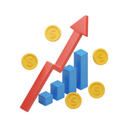 3d render of a rising red arrow graph with gold coins, symbolizing financial growth and business success, isolated on transparent background