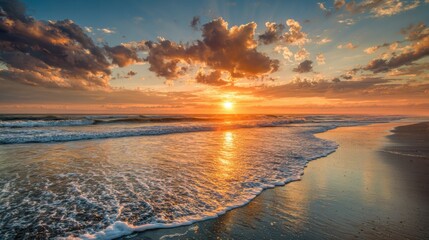 The sun is setting over the ocean, casting a warm glow on the water. The sky is filled with clouds, creating a serene and peaceful atmosphere. The waves gently lap against the shore