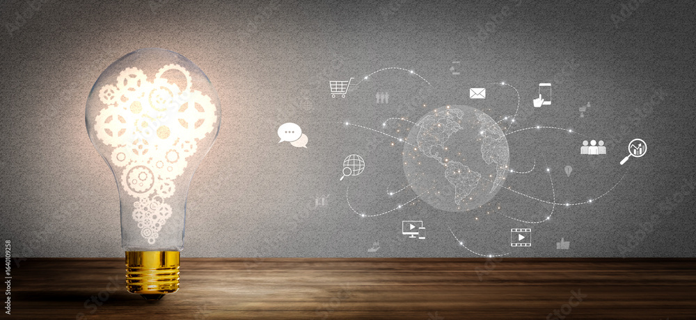 Poster visualization of global digital communication and online across multiple platforms, including global