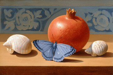 Still life arrangement with a butterfly, pomegranate and seashells. The scene is bathed in a soft, inviting light, emphasizing the natural beauty