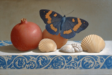 Still life composition with a butterfly and seashell. The scene captures a butterfly, a pomegranate, seashells, and an orange against a table with a decorated edge