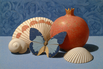 A still life composition featuring a vibrant pomegranate, shells, and a delicate butterfly against a textured blue backdrop, creating a harmonious arrangement of natural elements.