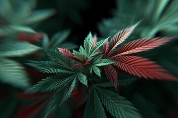 Cannabis plant close-up, with vibrant colors and intricate details. The leaves showcase a mix of green and red hues, and they are the main focus of the image