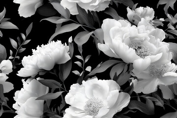 An elegant and artistic black and white floral pattern featuring peonies and lush leaves, perfect for a sophisticated touch