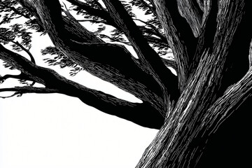 An intricate and textured tree branches with the sunlight shining through its leaves creating stunning contrast and shadows. The bold details showcase the tree's strength and natural beauty.