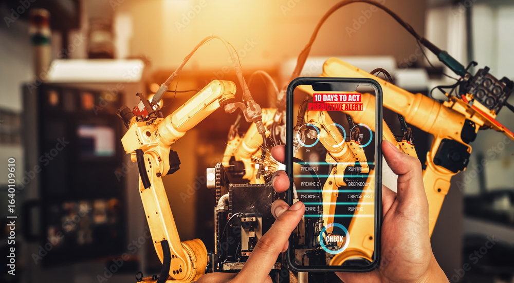 Poster engineer controls robotic arms by augmented reality industry technology application software. smart 