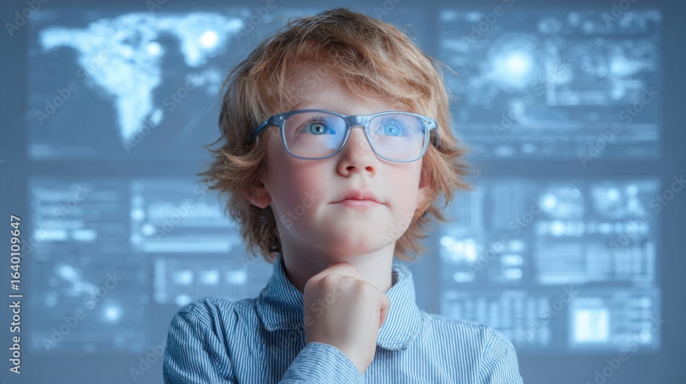 Poster a young boy wearing glasses is looking at a computer screen with multiple images. the boy appears to