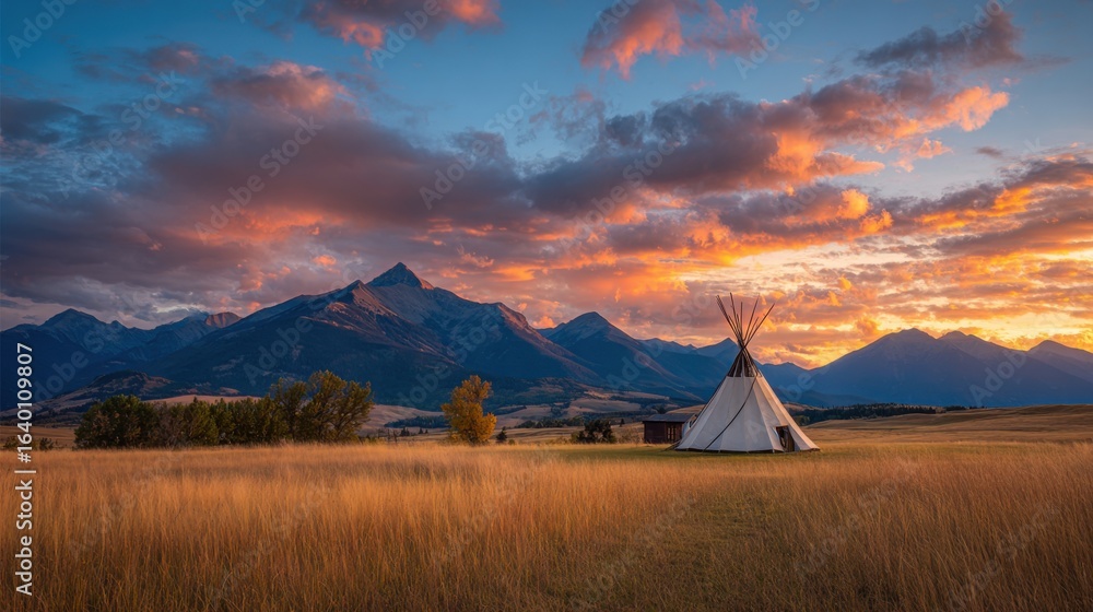 Poster a teepee is in the middle of a field with mountains in the background. the sky is orange and the sun