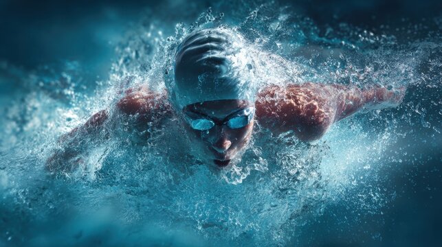 A swimmer is in the water, wearing goggles and a swim cap. The water is blue and the swimmer is moving through it
