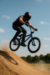 Fototapeta premium A BMX rider wearing a helmet launches into the air from a dirt jump on a sunny day.