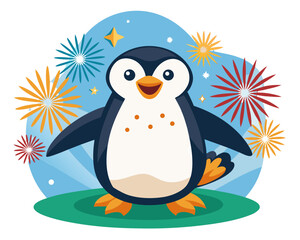 Naklejka premium Joyful cartoon penguin celebrating with colorful fireworks and bright stars in a festive outdoor scene