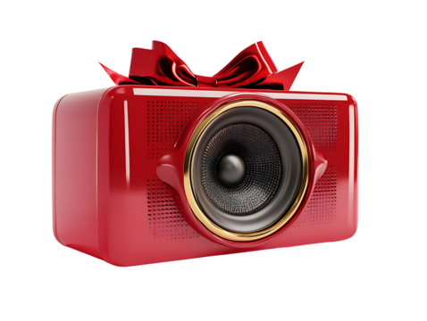 Red speaker gift box with bow isolated on transparent background - Powered by Adobe