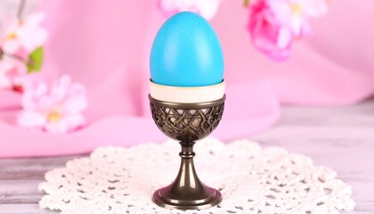 Vibrant blue egg in an ornate egg cup.