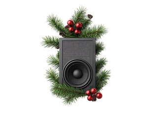 Christmas speaker decorated with pine branches isolated on transparent background