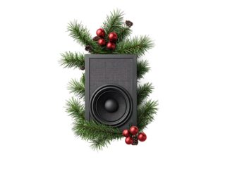 Christmas speaker decorated with pine branches isolated on transparent background