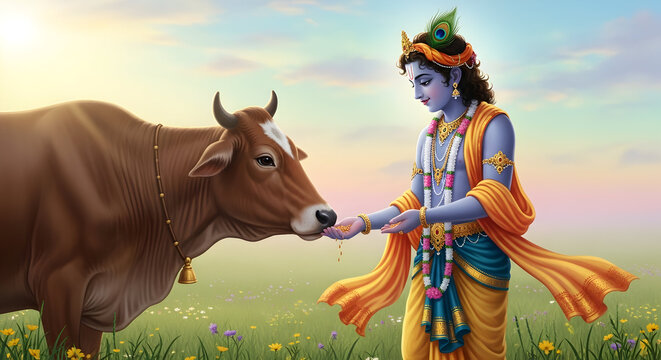 Naklejki The divine Lord Krishna caring for a brown cow
