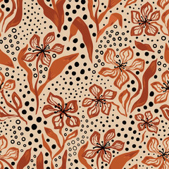 Floral polka dot animal skin seamless pattern. Cute hand drawn brown flowers and leaves, botanical dotted print, organic wallpaper, natural repeat background, textile design, fashion. Vector paper.