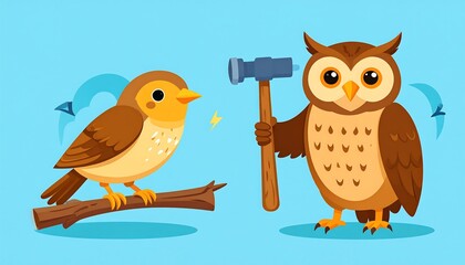 Fototapeta premium Cartoon birds, one with a hammer