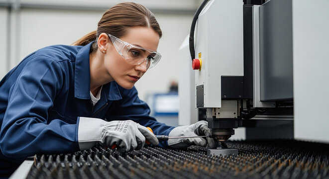 Woman worker in safety glasses and blue uniform operating machinery in a factory - Powered by Adobe